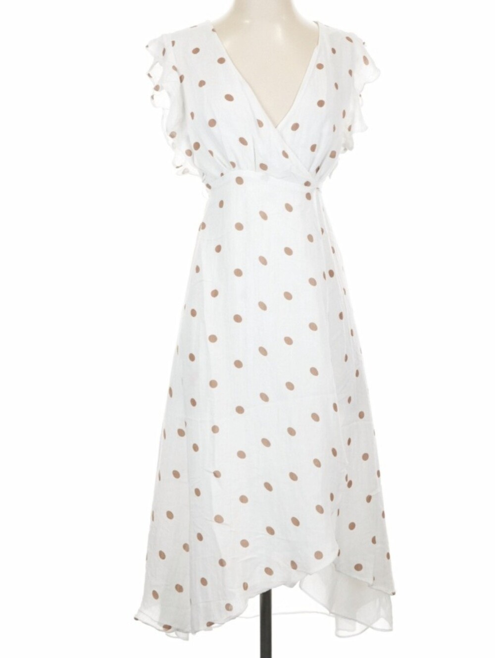 NWT Essue Medium Polka Dot White & Tan Tie-Waist Wrap Midi Dress